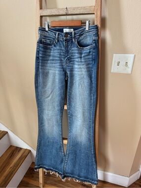 BKE Women's Washed Blue Flare Jeans with Raw Hem